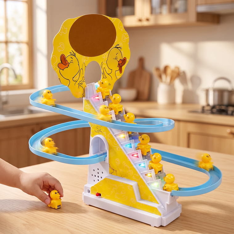 Ducks racing down the spiral tracks